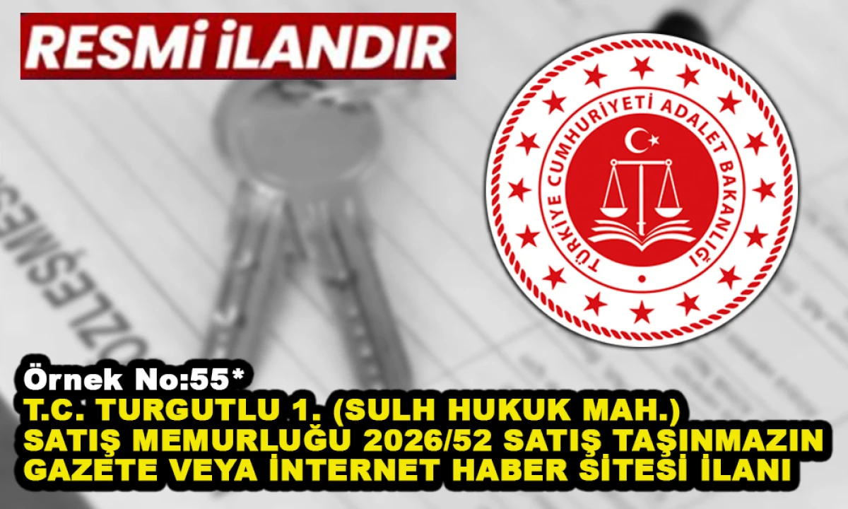 &Ouml;rnek No:55* T.C. TURGUTLU 1. (SULH HUKUK MAH.) SATIŞ MEMURLUĞU 2026/52 SATIŞ TAŞINMAZIN GAZETE VEYA İNTERNET HABER SİTESİ İLANI