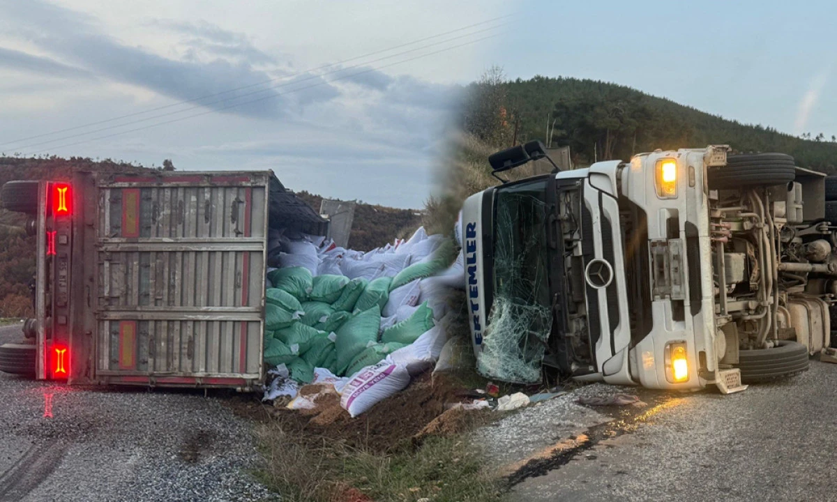 YEM YÜKLÜ TIR DEVRİLDİ